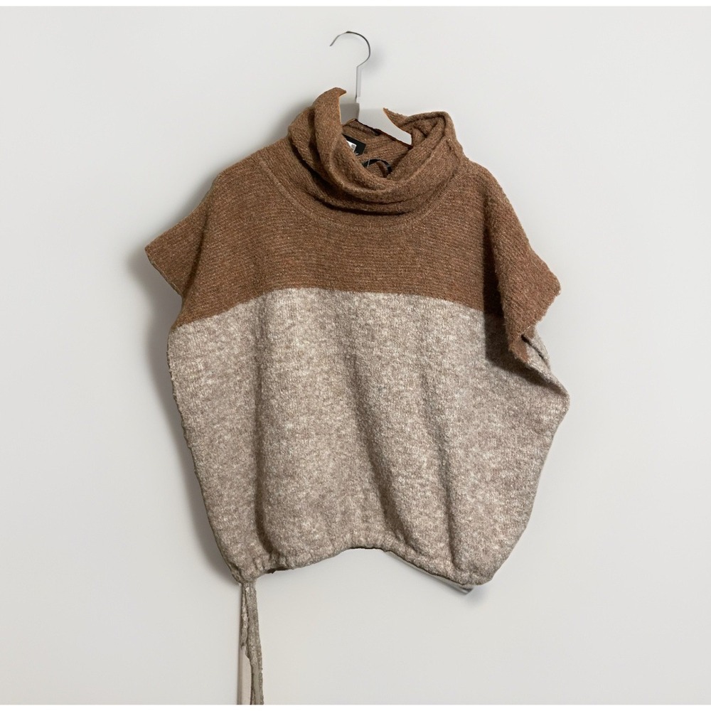 Fraas Two-Tone Tan Brown Cowl Neck Poncho Sweater Oversized One Size NEW NWT